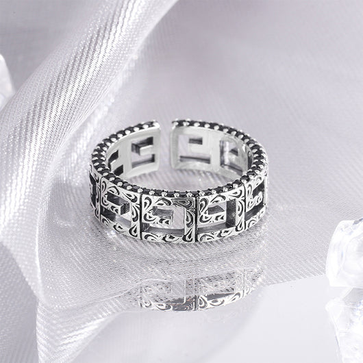Anillo de Plata 925 Patrón Cuadrado Hueco Borde Diamantado Edición Angosta - Image 2