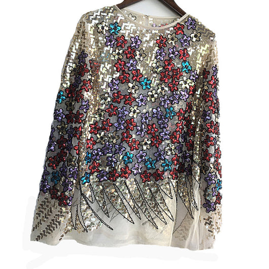 Blusa Larga de Encaje con Flores y Lentejuelas Brillantes - Image 10