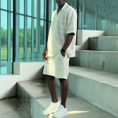 Conjunto de Camisa Hueca con Solapa y Shorts Sueltos para Hombre - Image 9