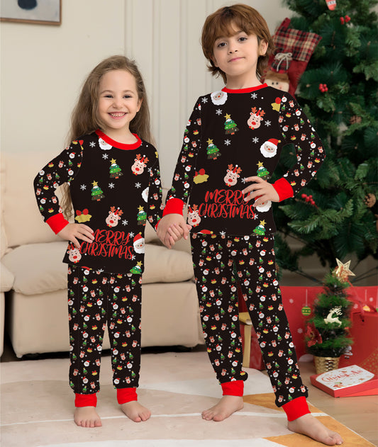 Man wearing a black long-sleeve Christmas pajama set with Santa, reindeer, and Christmas tree patterns. - Image 2