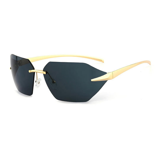 Trendy women's rimless cat-eye sunglasses with silver mirrored lenses and gold-colored metal temples.