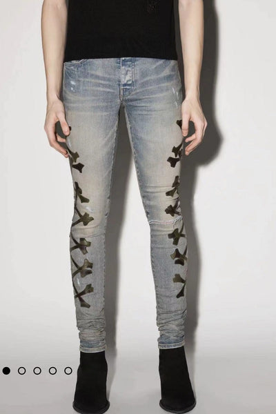Jeans Skinny Elásticos para Hombre con Detalles Perforados y Patrón Óseo - Image 5