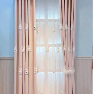 Pink curtains with white plush rabbit appliques, paired with a sheer white inner curtain also featuring rabbit designs. - Image 6