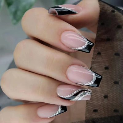 Stickers de Uñas Líneas Glitter Negro Cuadrado Largo