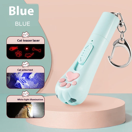 Pink cat paw pen light toy with red laser, UV light for urine detection, and white LED illumination, featuring a keychain. - Image 3