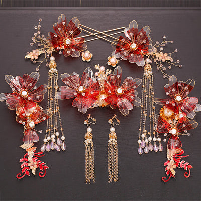 Tocado Estilo Antiguo con Flores Rojas y Flecos - Corona de Pelo Nupcial - Image 29