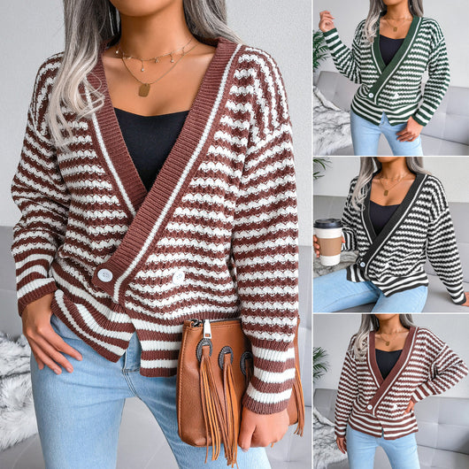 Suéter Tejido de Cuello V con Rayas y Mangas Largas para Otoño e Invierno