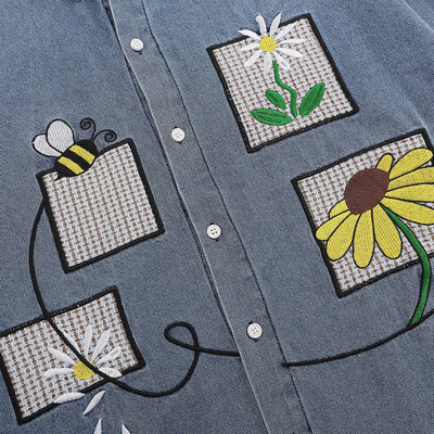 Camisa Denim con Bordado Floral - Abrigo Casual Manga Larga Cuello Polo - Image 3