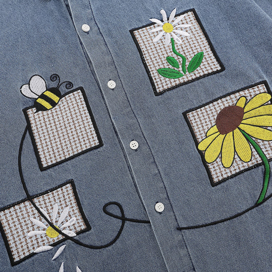Camisa Denim con Bordado Floral - Abrigo Casual Manga Larga Cuello Polo - Image 3