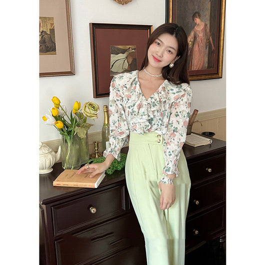 Blusa Chifón Floral con Encaje, Cuello en V y Mangas Largas - Image 4