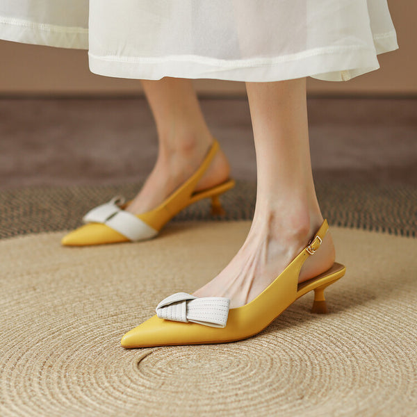 Sandalias Baotou con Tira Trasera, Punta Afilada y Moño de Cuero Genuino