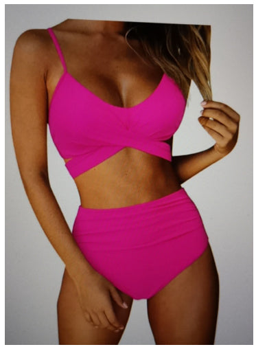 Teal wrap-around bikini top with high-waisted bottoms featuring a vibrant tropical leaf print in blue, pink, and purple. - Image 9