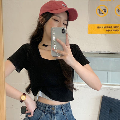 Blusa Corta Mujer Verano Cintura Alta Ajustada Falsa Dos Piezas Estilo Hot Girl - Image 4