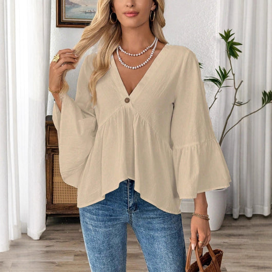Blusa Cuello V con Mangas Volantes en Colores Sólidos - Image 2