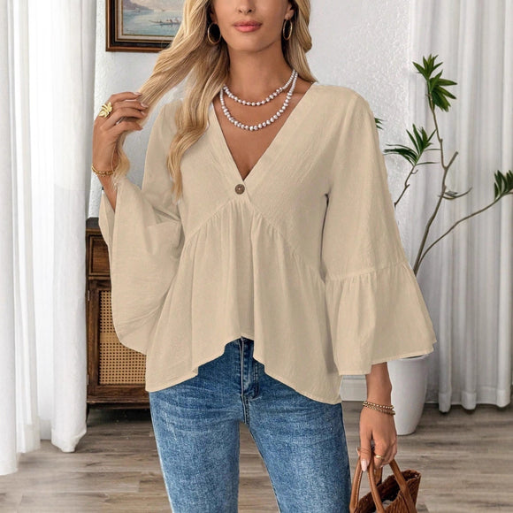 Blusa Cuello V con Mangas Volantes en Colores Sólidos