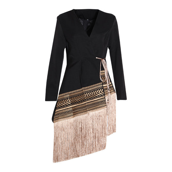 Blazer Mujer Jacquard Bordado con Flecos Diagonales Irregulares
