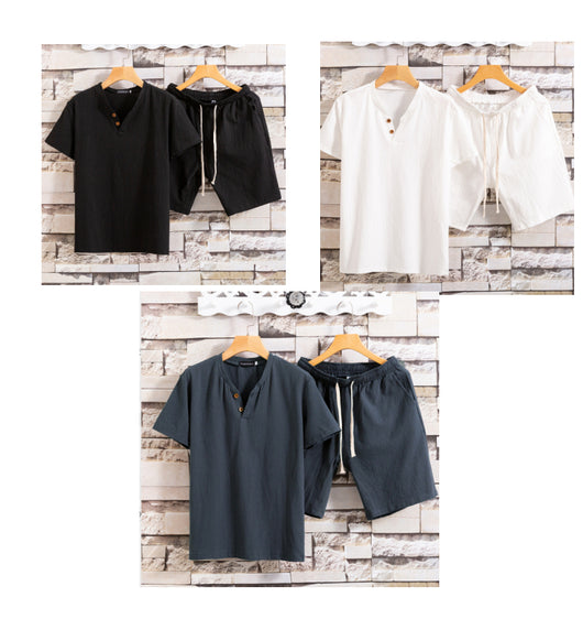 Set de Dos Camisetas de Algodón y Lino para Hombre - Colores Sólidos - Image 6