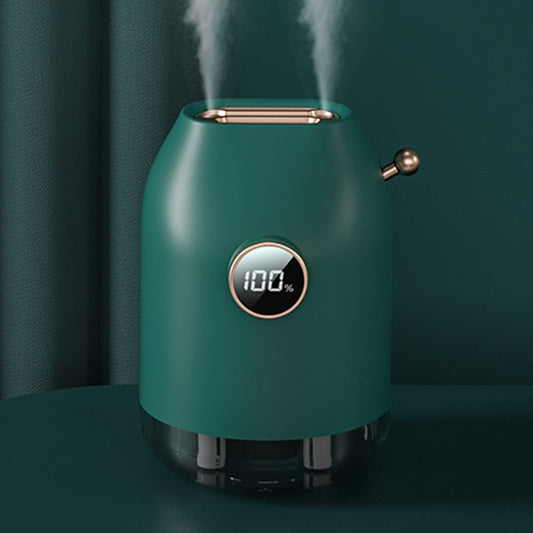 Dark green double nozzle humidifier with rose gold accents, digital display showing 100%, emitting mist. - Image 2
