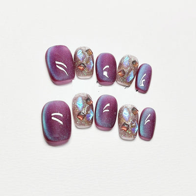 Uñas Postizas Gato Ojo de Gato Púrpura Cortas Removibles - Image 7