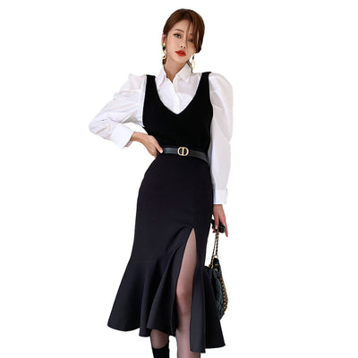Conjunto Falda Chaleco Ajustado con Abertura Lateral y Diseño Combinado - Image 8