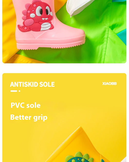 Bright yellow children's rain boots with a green cartoon dinosaur appliqué, designed for waterproof outdoor play. - Image 11