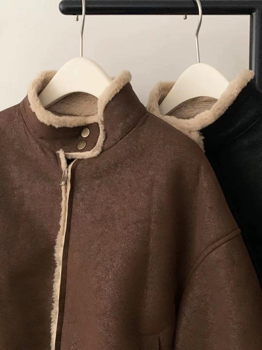 Abrigo Corto Retro con Cuello de Pie para Mujer - Lana de Cordero Invierno - Image 9
