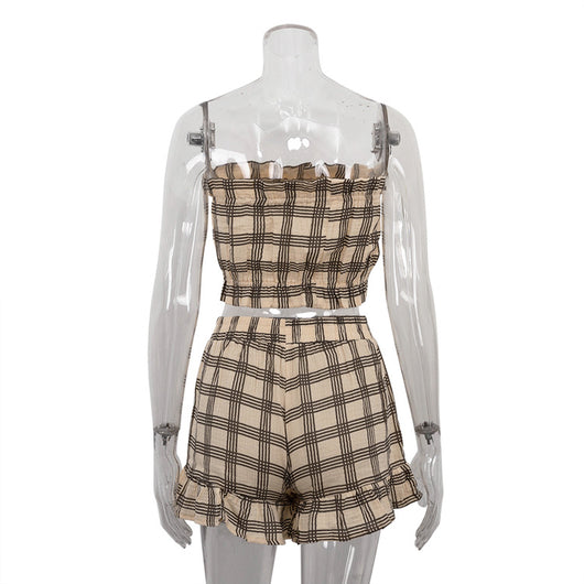 Conjunto Retro de 3 Piezas: Camisa Cuadros Manga Larga, Top Tubo y Shorts - Image 8
