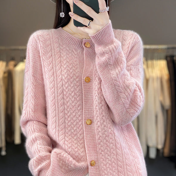 Chaqueta de Lana Retorcida con Flores para Mujer - Cuello Redondo