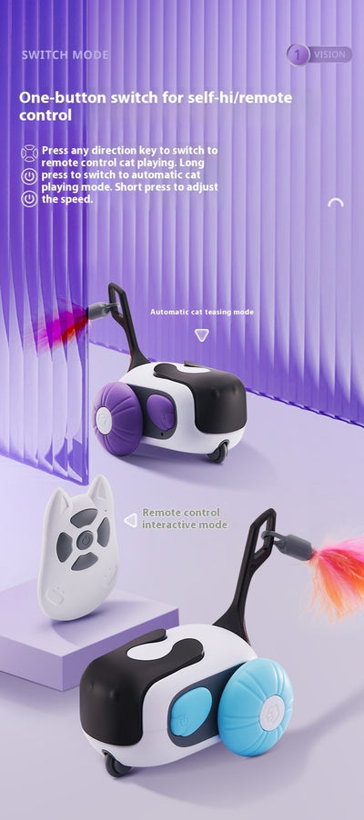 White and black remote control cat toy car with purple wheels and an orange feather, next to a white cat-shaped remote. - Image 9