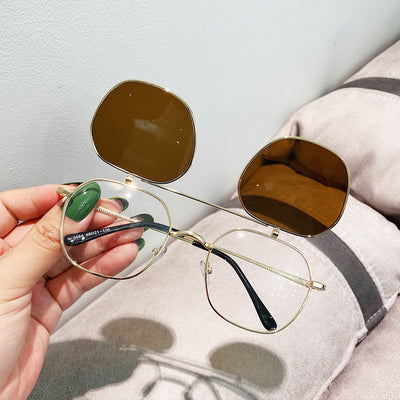 Gold frame flip-up sunglasses with brown lenses, featuring a double-layer design and black temple tips. - Image 3