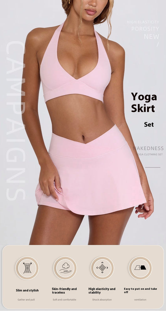 Light pink halter neck sports bra and high-waisted leggings workout set on a model. - Image 52