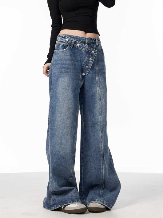 Pantalones Vaqueros Rectos Azules Cintura Alta Pierna Ancha Efecto Desgastado - Image 4