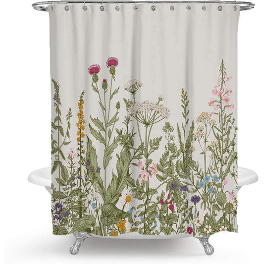 White polyester shower curtain with a watercolor floral pattern of blue and pink hydrangeas and green leaves. - Image 2