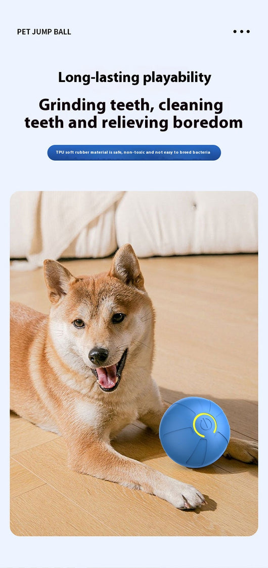 Upgraded blue electric jumping ball for pets with a yellow power button, made of chewable silicone, on a white pedestal. - Image 21
