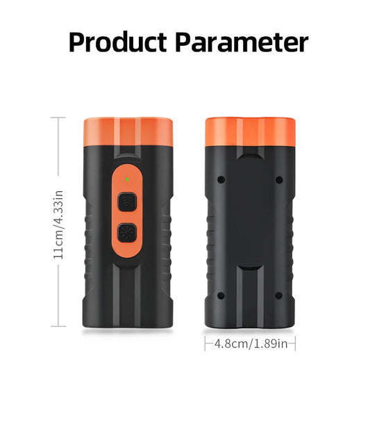 Black and orange handheld ultrasonic dog repellent with two sound emitters and two control buttons. - Image 6