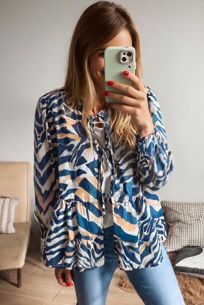 Blusa de Rayas Zebra Azul con Mangas Abullonadas - Image 9