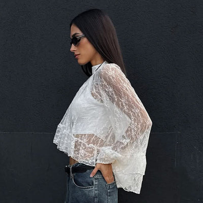 Blusa de Trabajo Blanca con Encaje Jacquard y Cuello Alto - Image 5
