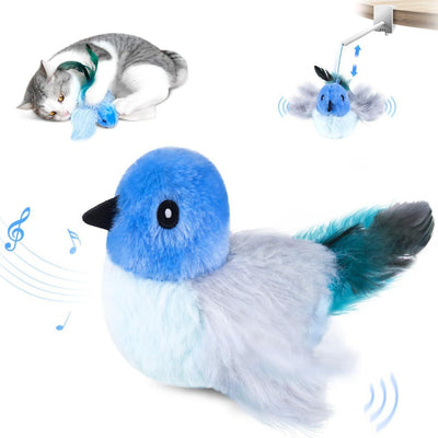 Interactive plush bird cat toy with brown and white fur, flapping wings, and a small tabby kitten observing. - Image 8
