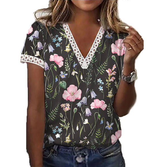 Printed V-Neck Short Sleeve T-Shirt