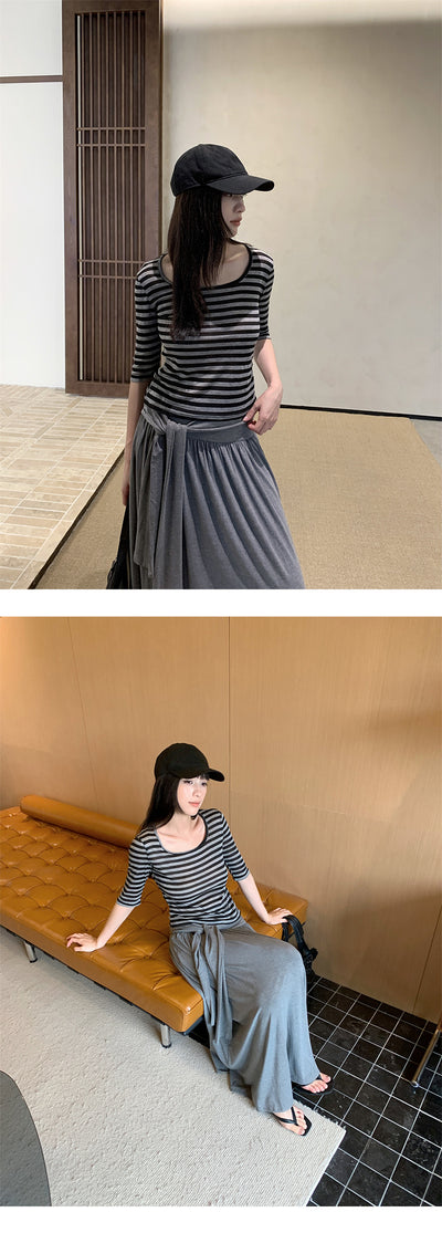 Blusa Rayada Cuello U Manga Media Elástica para Mujer - Image 14