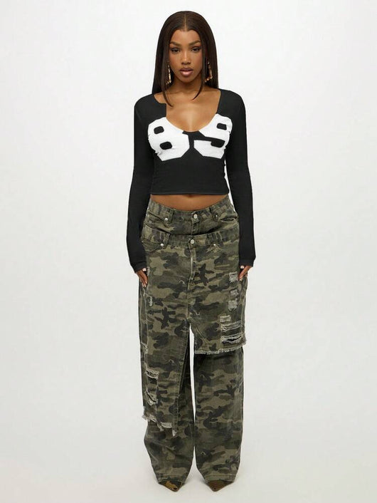 Blusa Estampada Ajustada de Cuello en U y Manga Corta - Image 11