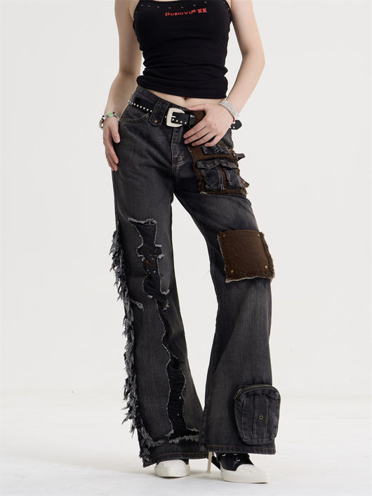 Jeans Retro Americano para Mujer con Parches de Borla y Costuras Decorativas - Image 12