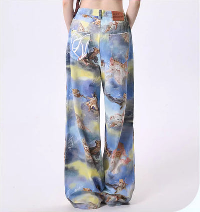 Pantalones Anchos con Estampado Artístico de Ángel y Gatito - Image 4