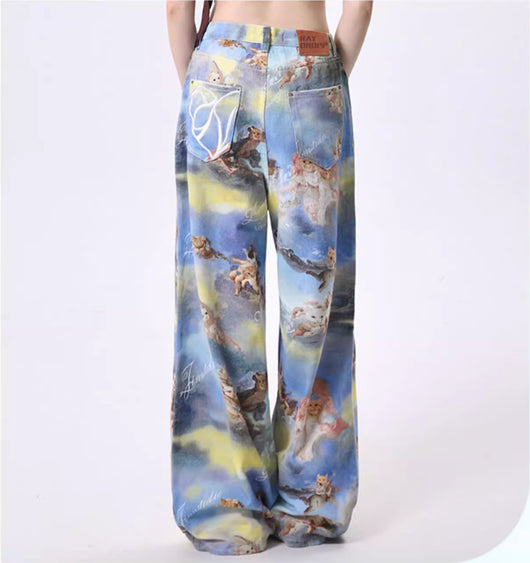 Pantalones Anchos con Estampado Artístico de Ángel y Gatito - Image 4