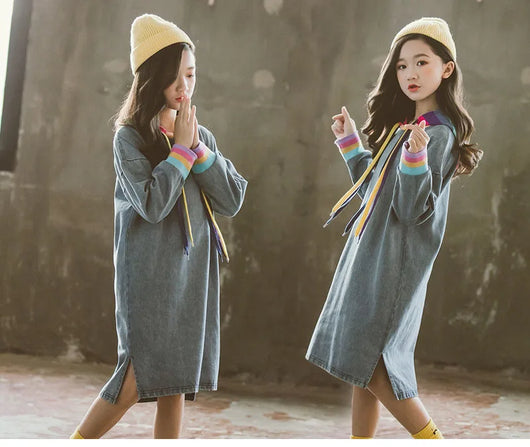 Vestido Infantil Manga Larga Arcoíris en Denim Sólido - Image 12