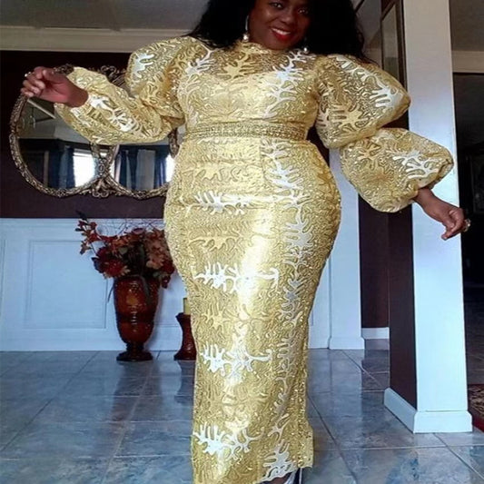 Vestido Elegante de Cuello Redondo, Cintura Alta y Mangas Abullonadas para Mujer
