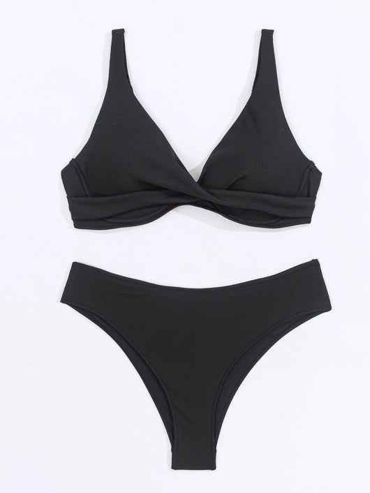 Women's neon green ribbed two-piece swimsuit with a twisted front bikini top and high-waisted bottoms. - Image 14