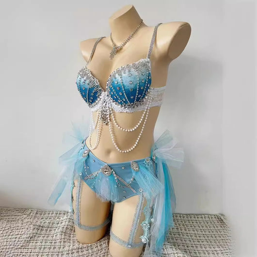 Disfraz Azul Cielo con Perlas Recogidas y Borla