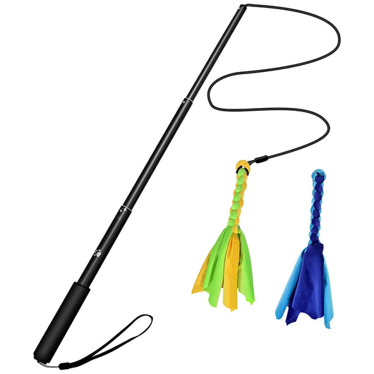 Black telescopic pet training rod with a black cord and two interchangeable braided fabric attachments in green/yellow and blue. - Image 2