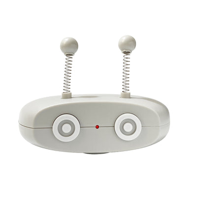 Light gray electric robot cat toy with two spring antennae, circular details, and a red indicator light. - Image 3